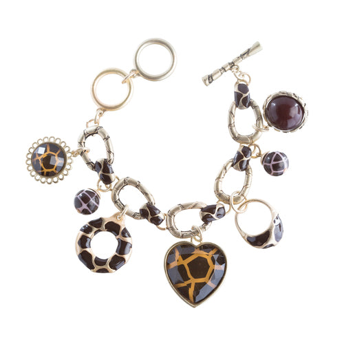 Beautiful Beads Heart Animal Print Charm Link Fashion Bracelet Brown