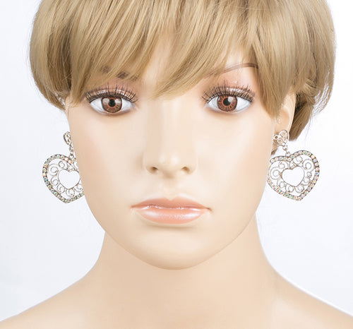 Sophisticated Crystal Rhinestone Heart Shape Dangle Fashion Earrings E313 Silver