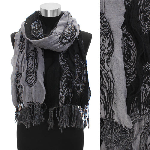 Duo Tone Double Side Swirl Pattern Stitched Scarf Black