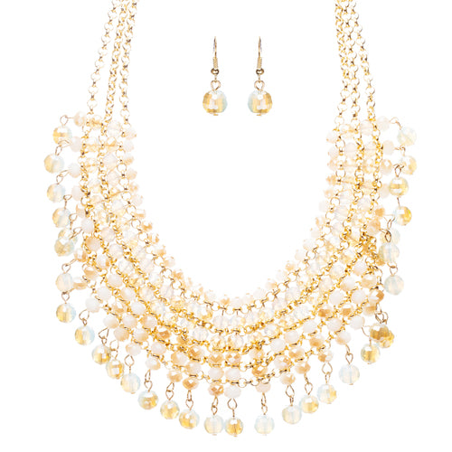 Beautiful Multi Layered Bib Design Bead Statement Necklace Set Pink Beige