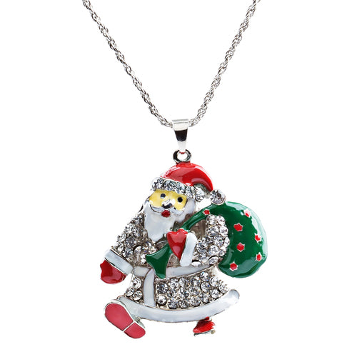 Christmas Jewelry Happy Holidays Crystal Santa Claus Gift Bag Long Necklace
