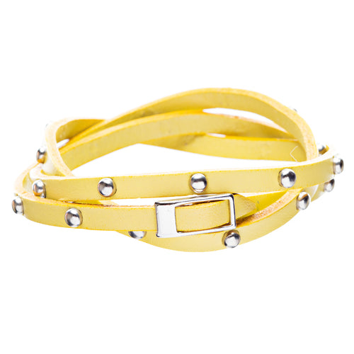 Yellow Silver Stud Italian Calf Leather Wrap Bracelet
