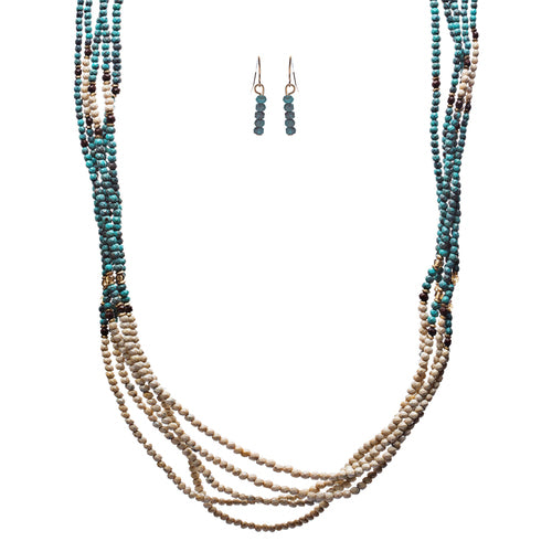 Statement Layered Faceted Bead Long Fashion Necklace Set Beige Turquoise Blue
