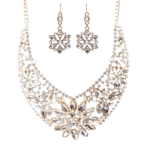 Bridal Wedding Jewelry Set Crystal Rhinestone Classic Bib Design J589 Gold