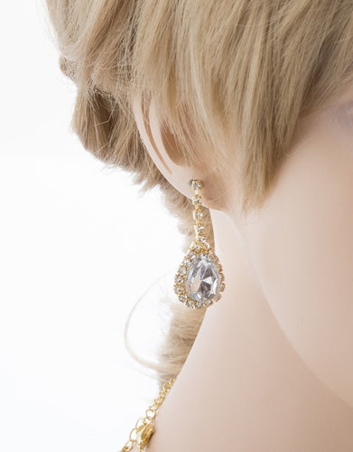 Bridal Wedding Jewelry Set Crystal Rhinestone Elegant TD V-Drop Necklace Gold