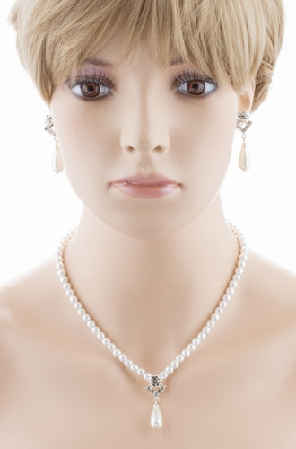Bridal Wedding Jewelry Set Crystal Pearl Linear Teardrop Necklace