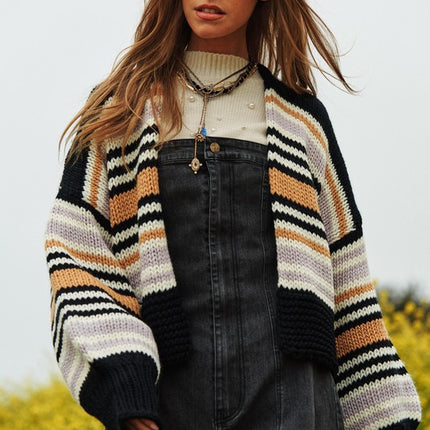 Cozy Stylish Stripe Design Open Knit Fashion Top Sweater Cardigan - Accessoriesforever