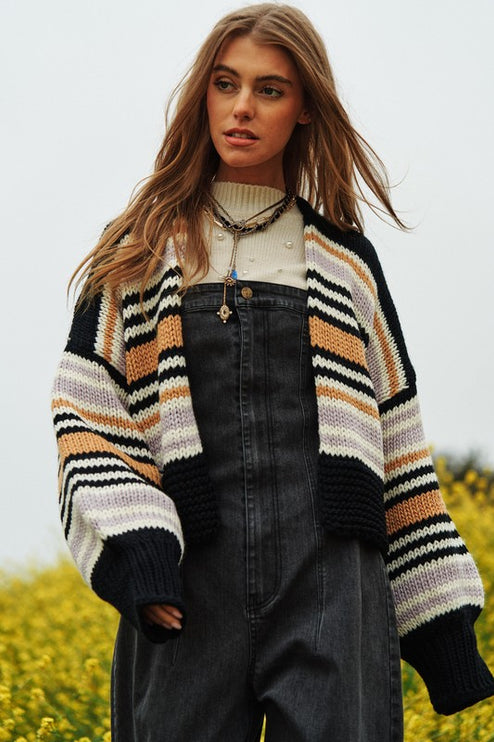 Cozy Stylish Stripe Design Open Knit Fashion Top Sweater Cardigan - Accessoriesforever