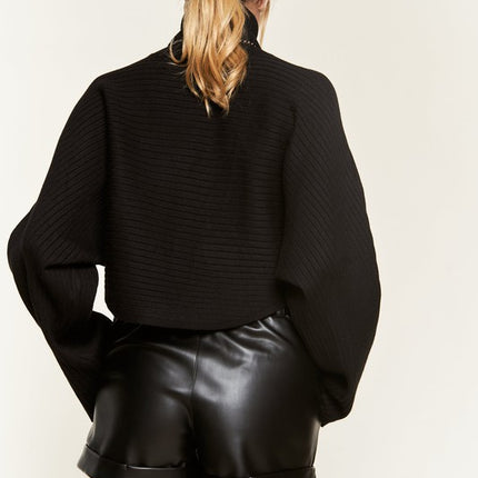 Ribbed Mock Neck Sweater with Wide Sleeves