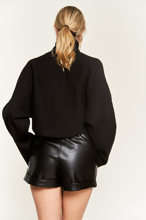 Ribbed Mock Neck Sweater with Wide Sleeves