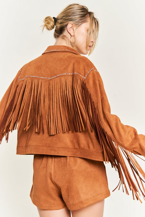 Boho Suede Fringe Jacket with Stud Details and Button Front