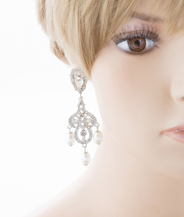 Bridal Wedding Jewelry Crystal Rhinestone Pearl Vintage Dangle Earrings White - Accessoriesforever