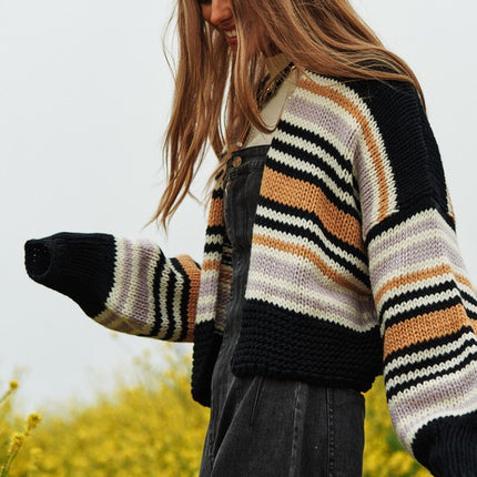 Cozy Stylish Stripe Design Open Knit Fashion Top Sweater Cardigan - Accessoriesforever