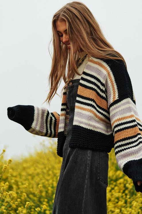 Cozy Stylish Stripe Design Open Knit Fashion Top Sweater Cardigan - Accessoriesforever