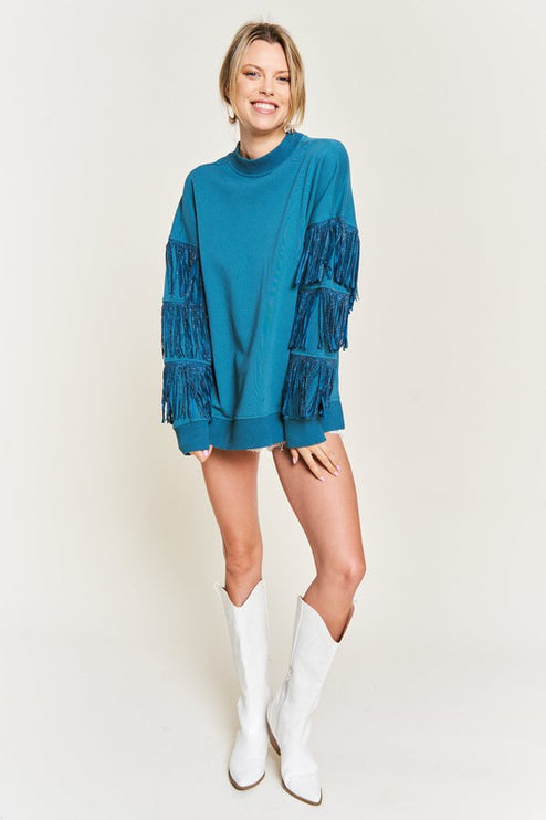 Western-Inspired Oversized Pullover with Suede Fringe and Stud Trim