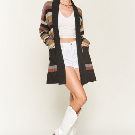 Cozy Striped Open Front Sweater Cardigan with Pockets