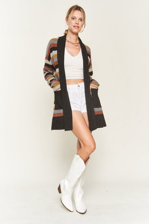 Cozy Striped Open Front Sweater Cardigan with Pockets