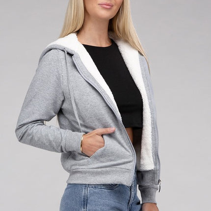 Cropped Fuzzy-Lined Zip-Up Hoodie with Long Sleeves
