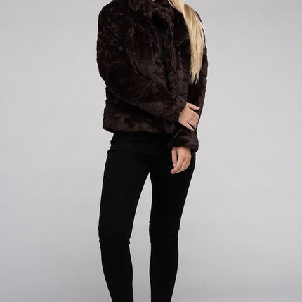 Fluffy Zip-Up Sweater Jacket with Collar and Pockets