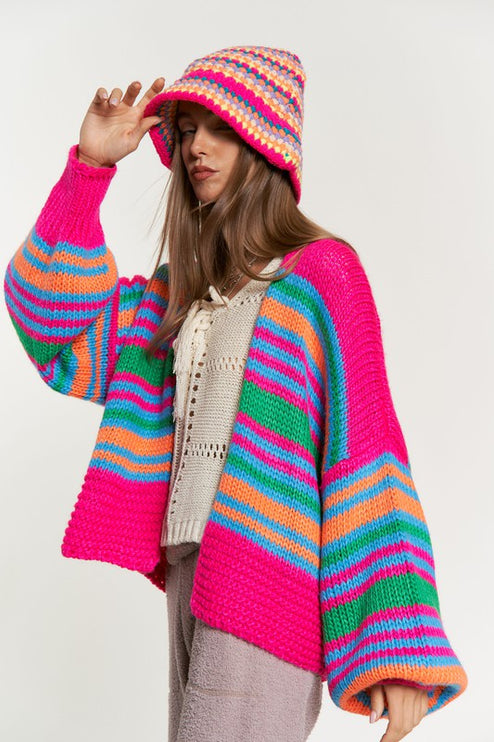 Cozy Stylish Stripe Design Open Knit Fashion Top Sweater Cardigan - Accessoriesforever