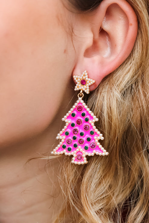 Hot Pink Christmas Tree Rhinestone Metal Dangle Earring