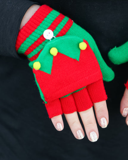 Red & Green Elf Fingerless Gloves with Convertible Mittens