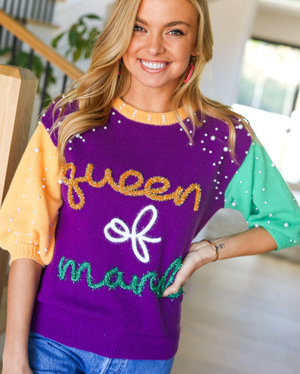 "Queen of Mardi" Pearl & Tinsel Color Block Knit Top
