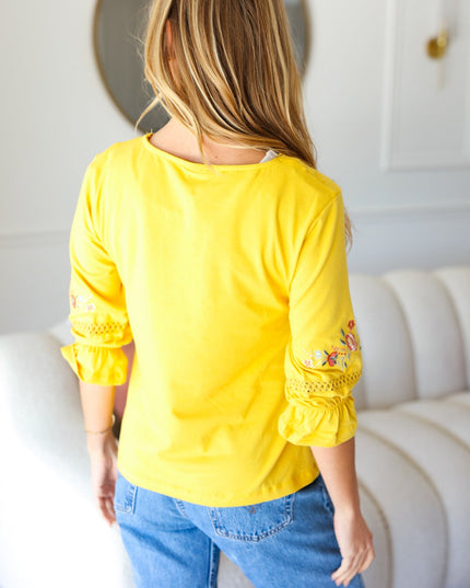 Keep You Close Yellow Floral Embroidery Square Neck Blouse