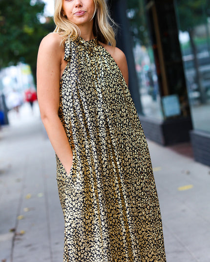 Embrace Joy Black & Gold Foil Animal Print Halter Lined Holiday Dress