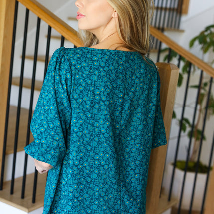 Perfectly You Teal Floral Three Quarter Sleeve Square Neck Top