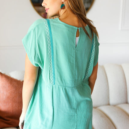 Mint Embroidered Woven Short Sleeve Dolman Top
