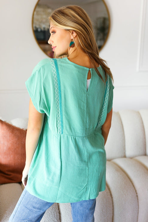 Mint Embroidered Woven Short Sleeve Dolman Top - Accessoriesforever