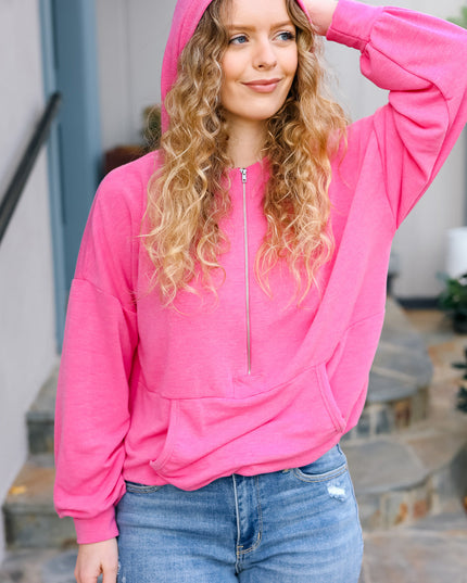 Ready to Relax Hot Pink Half Zip French Terry Hoodie