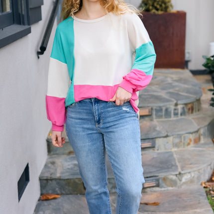 The Slouchy Mint & Pink Drop Shoulder Terry Color Block Top
