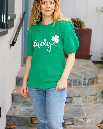 Lucky Lady Shamrock Green Sequin Puff Sleeve Knit Top