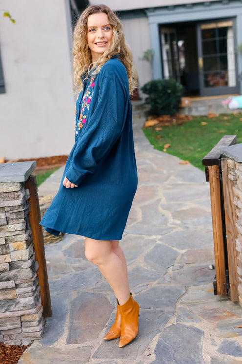 Just Imagine Navy Floral Embroidered Button Down Long Sleeve Dress