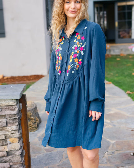 Just Imagine Navy Floral Embroidered Button Down Long Sleeve Dress