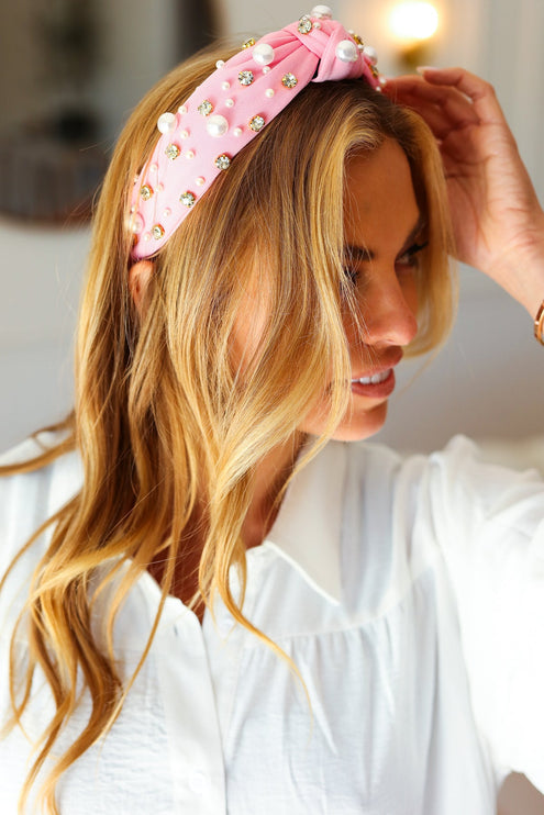 Soft Pink Pearl & Jewels Top Knot Knit Headband