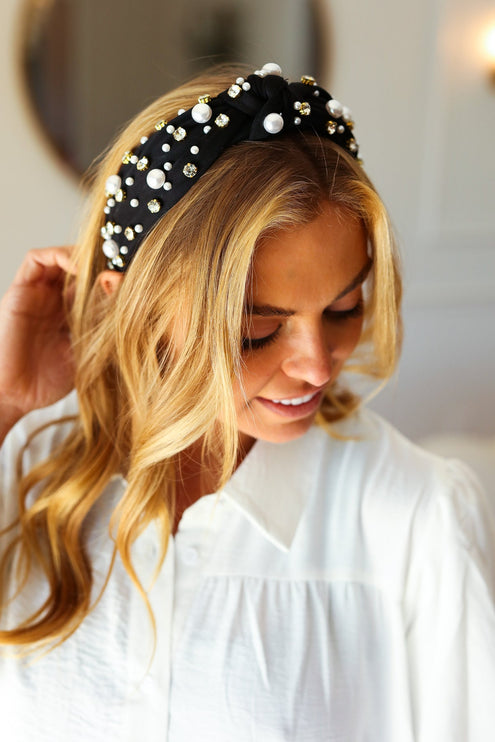 Black Pearl & Jewels Top Knot Knit Headband