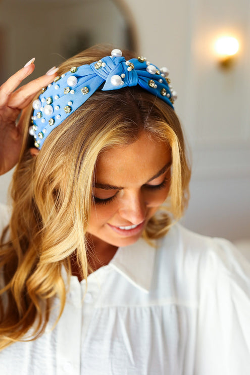 Azure Blue Pearl & Jewels Top Knot Knit Headband