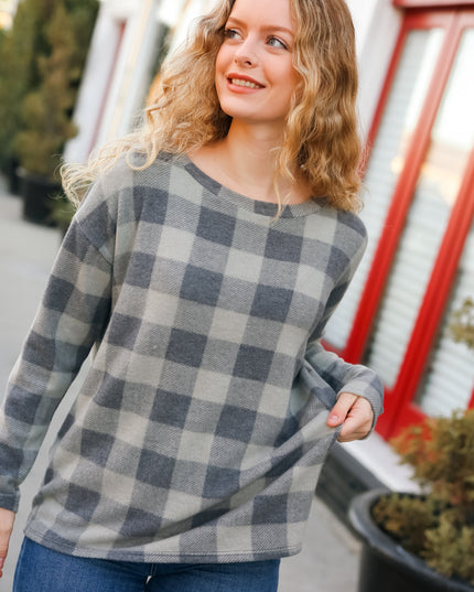 Check It Out Olive Grey Checker Plaid Hacci Pullover