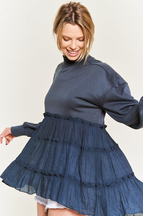 Oversized Mock Neck Tunic with Shirred Woven Tier - Accessoriesforever