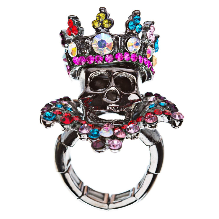 Halloween Costume Jewelry Crystal Skull With Crown Stunning Stretch Ring - Accessoriesforever
