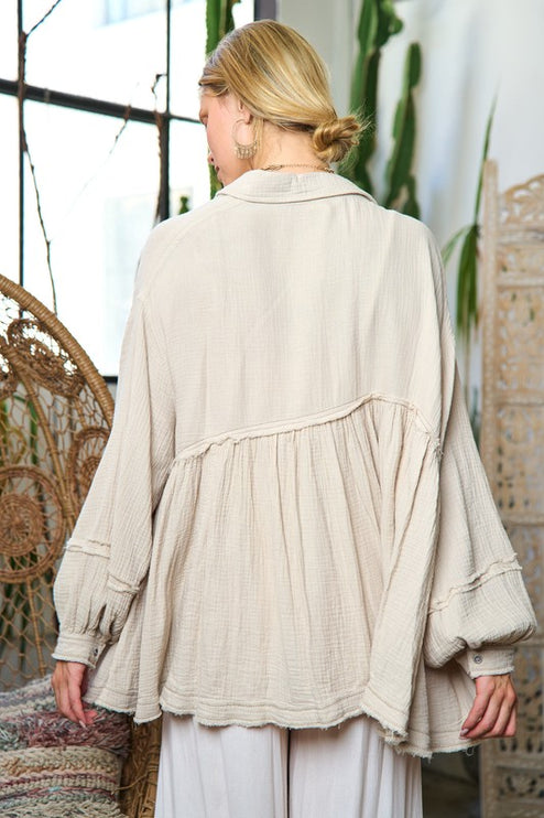 Relaxed Gauze Button-Down Shirt with Raw Edges and Flowy Fit