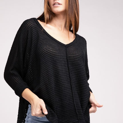 Chic Elegant Trendy 3/4 Sleeve V-Neck Hi-Low Hem Jacquard Sweater - Accessoriesforever