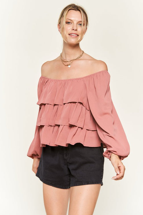Romantic Off-Shoulder Tiered Flounce Blouse in Crinkled Chiffon - Accessoriesforever