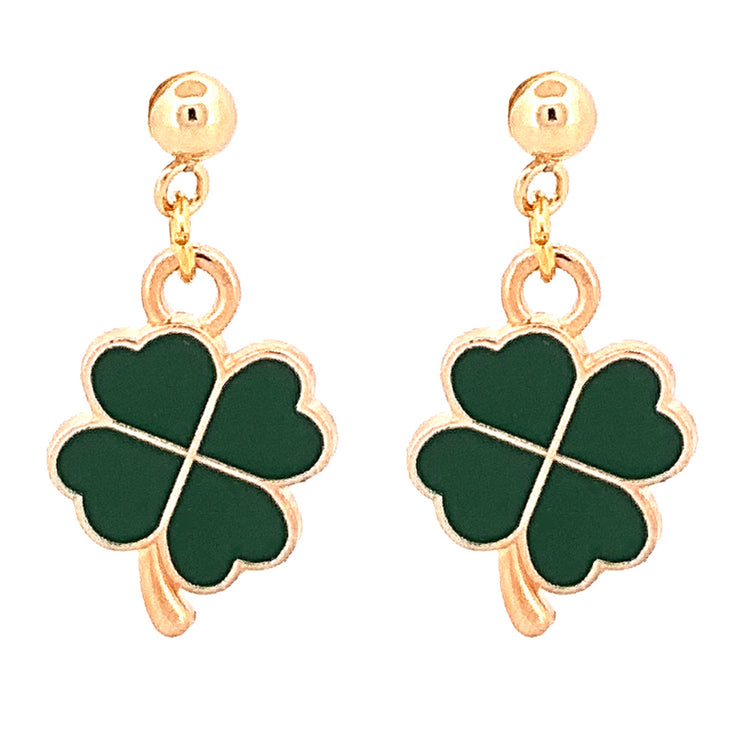 St. Patrick's Lucky Clover Charm 24K Gold Plated Hypoallergenic Stud Post Dangle Earrings