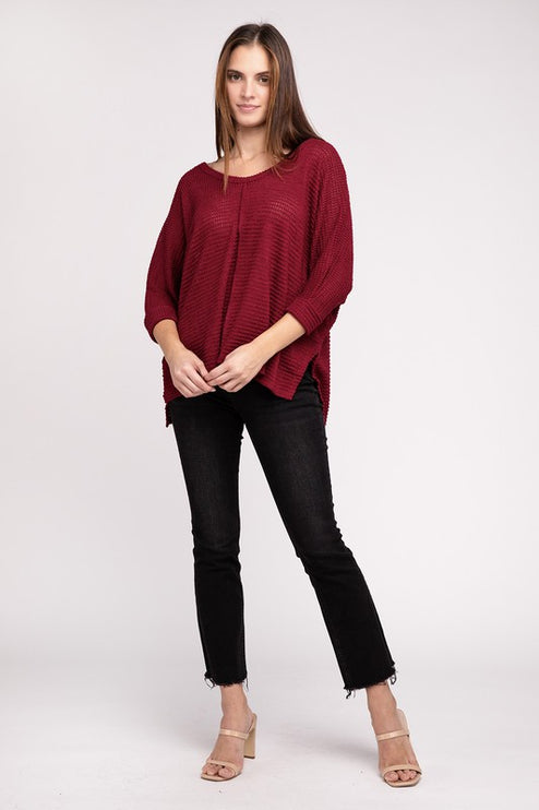 Chic Elegant Trendy 3/4 Sleeve V-Neck Hi-Low Hem Jacquard Sweater - Accessoriesforever