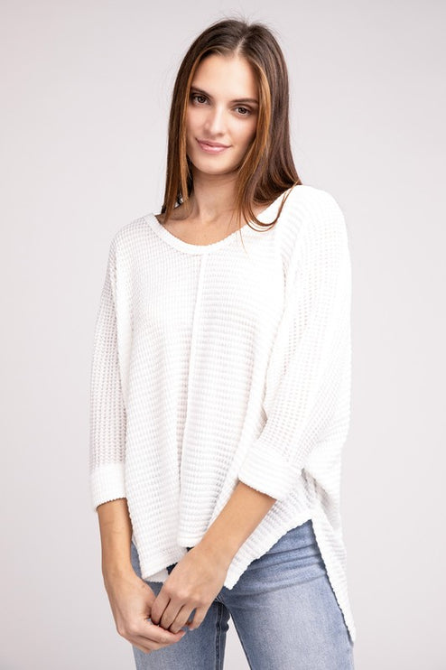 Chic Elegant Trendy 3/4 Sleeve V-Neck Hi-Low Hem Jacquard Sweater