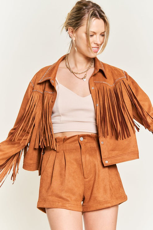 Boho Suede Fringe Jacket with Stud Details and Button Front
